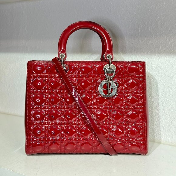 Dior Handbags - Dior Red Patent Leather Large Lady Dior Shoulder Bag